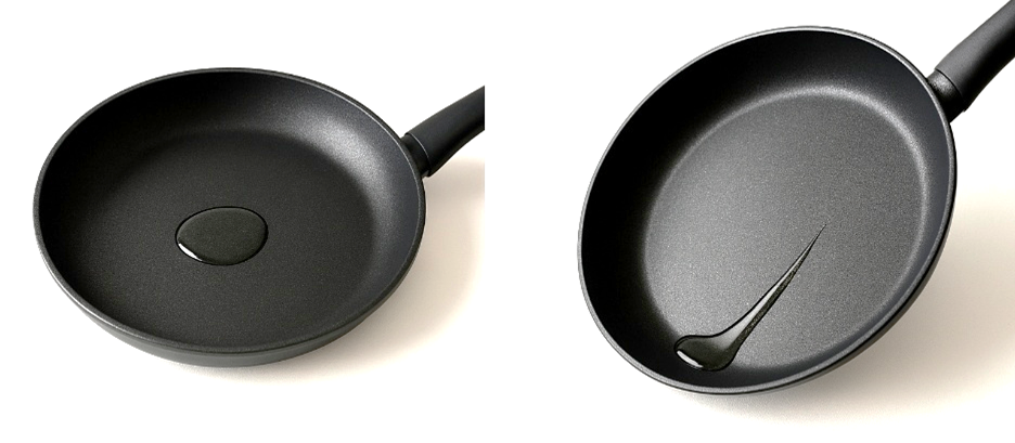 フライパンを傾けて油が動き出す瞬間のイラスト（滑落角のイメージ）