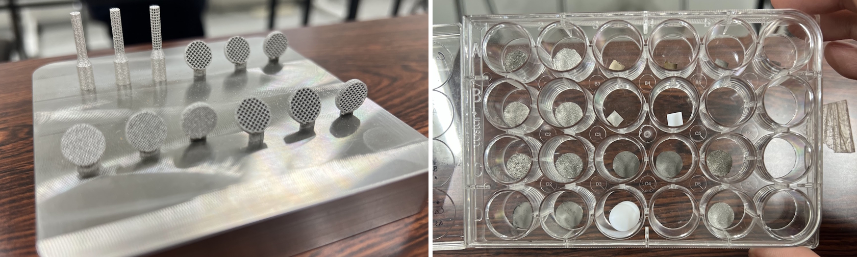 ３Dプリンタ「作る方法（角度）による表面特性の違い」を評価する際に実際に作成されたサンプルと、金属材料。